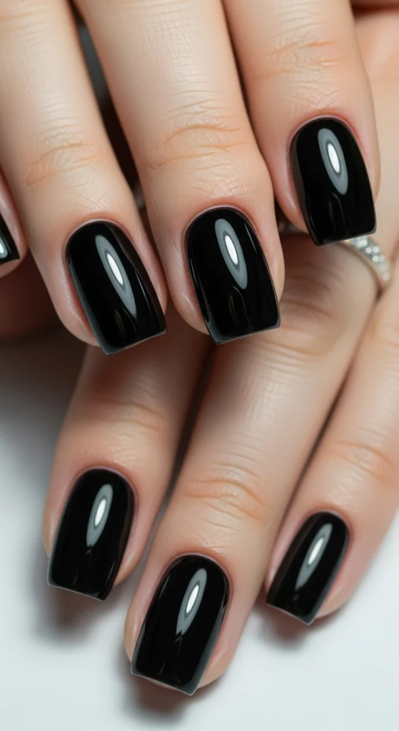 Short Black Nails With Clear Top Coat
