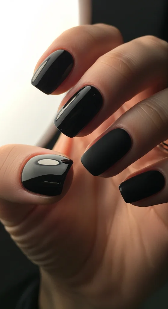 Short Black Nails With Glossy Accent Nail