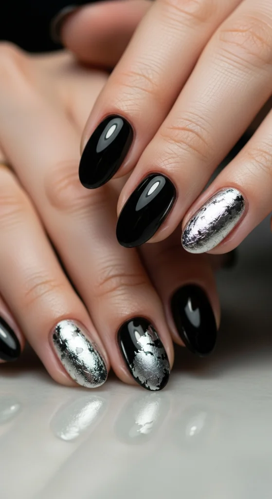 Short Black Nails With Silver Foil Detail