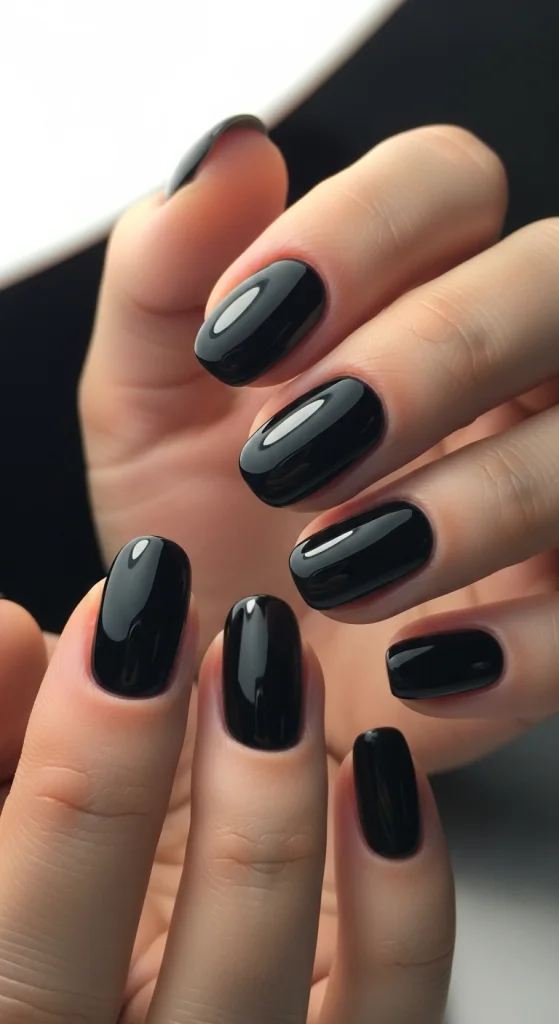 Short Black Nails With Soft Oval Shape