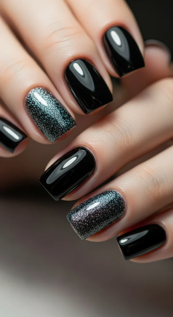 Short Black Nails With Subtle Glitter Finish