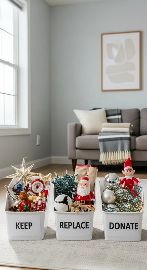 Sort Decorations Into “Keep, Replace, Donate” Bins