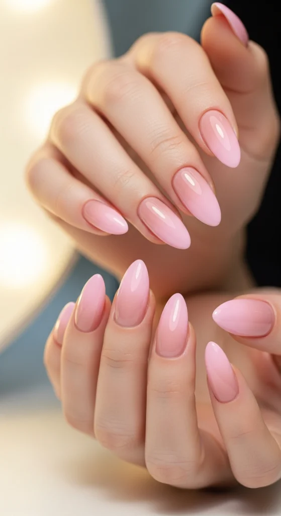 Subtle Pink Ombre Almond Nails