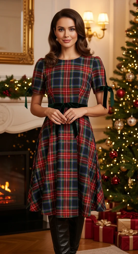 Tartan Dress With Velvet Ribbon Accents