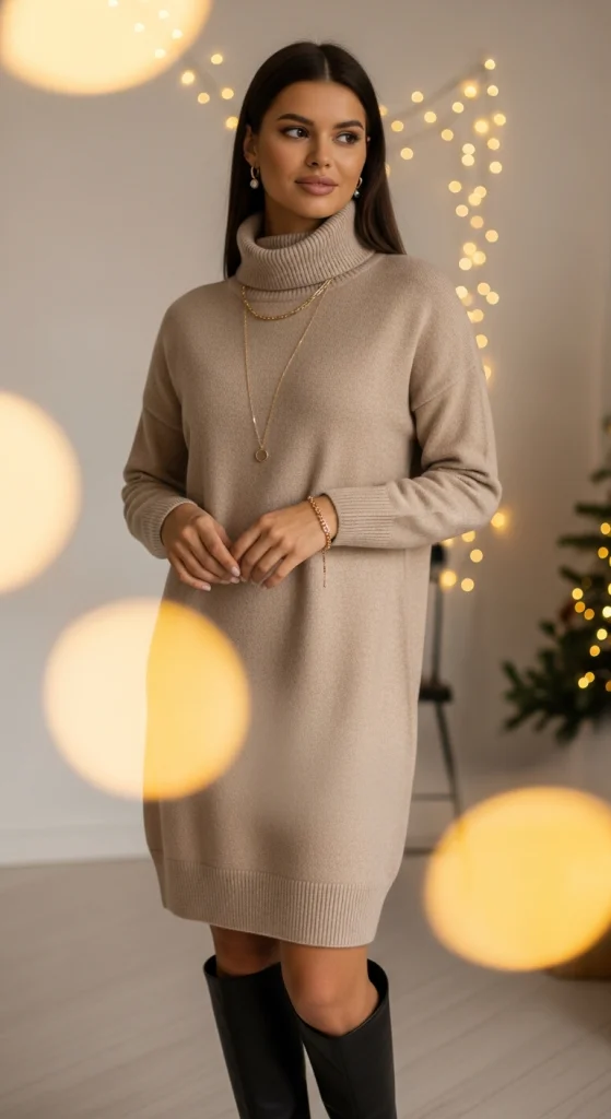 Turtleneck Sweater Dress In Neutral Tones