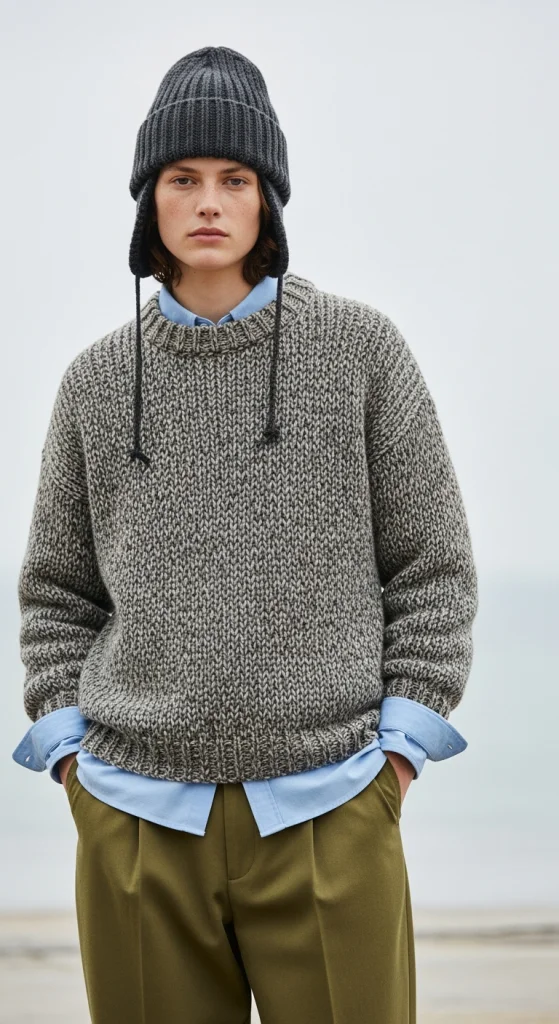 Wool Beanie And Oversized Knit Layers