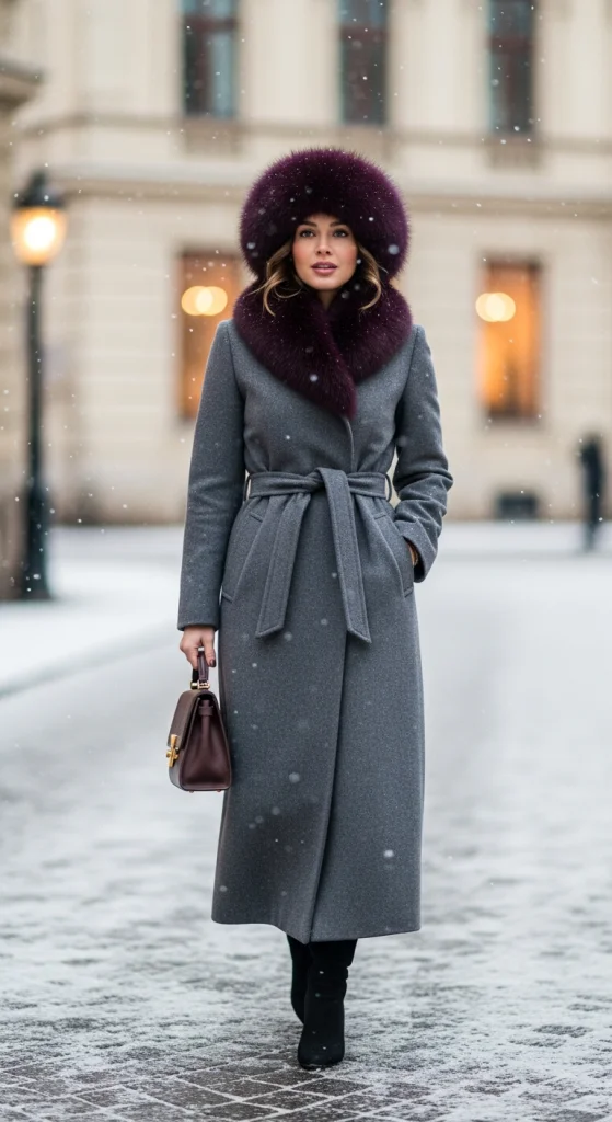 Belted Long Coat With Fur Collar Hat