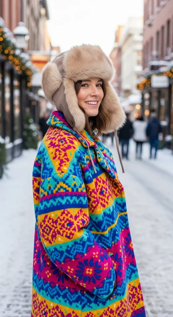 Bright Patterned Coat With Neutral Fur Hat