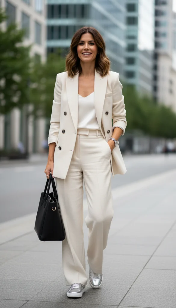 Casual Office Look with Silver Sneakers