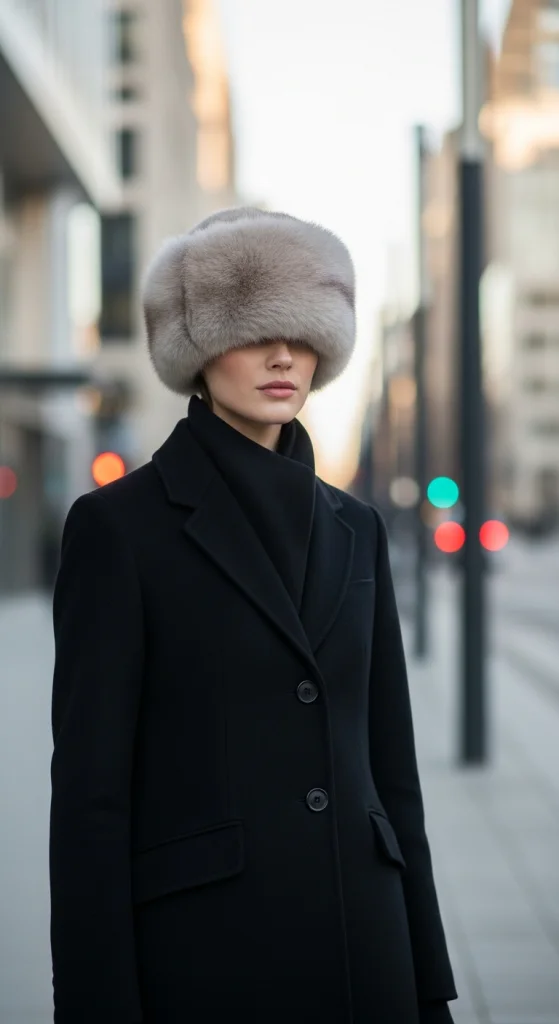 Classic Black Coat And Neutral Fur Hat