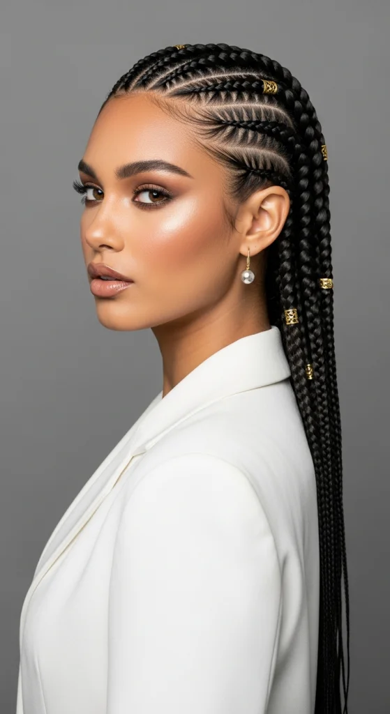 Classic Straight-Back Goddess Braids With Gold Cuffs