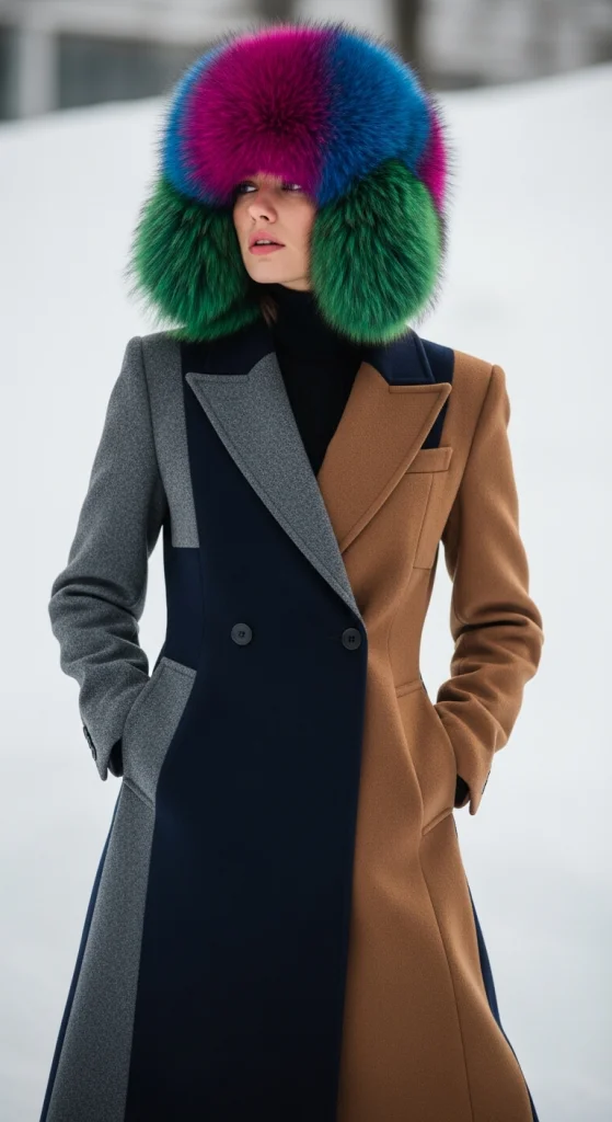 Color-Blocked Fur Hat And Coat