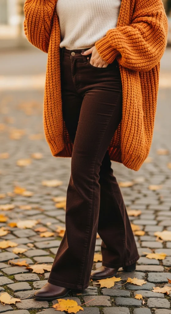 Corduroy Flare Pants With Chunky Cardigan
