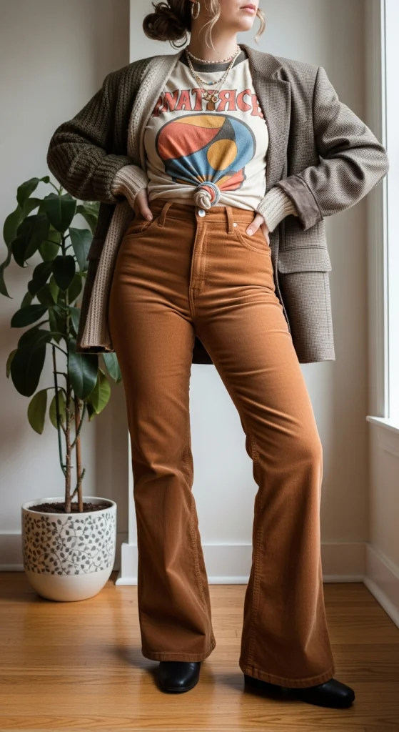 Corduroy Flare Pants With Graphic Tee