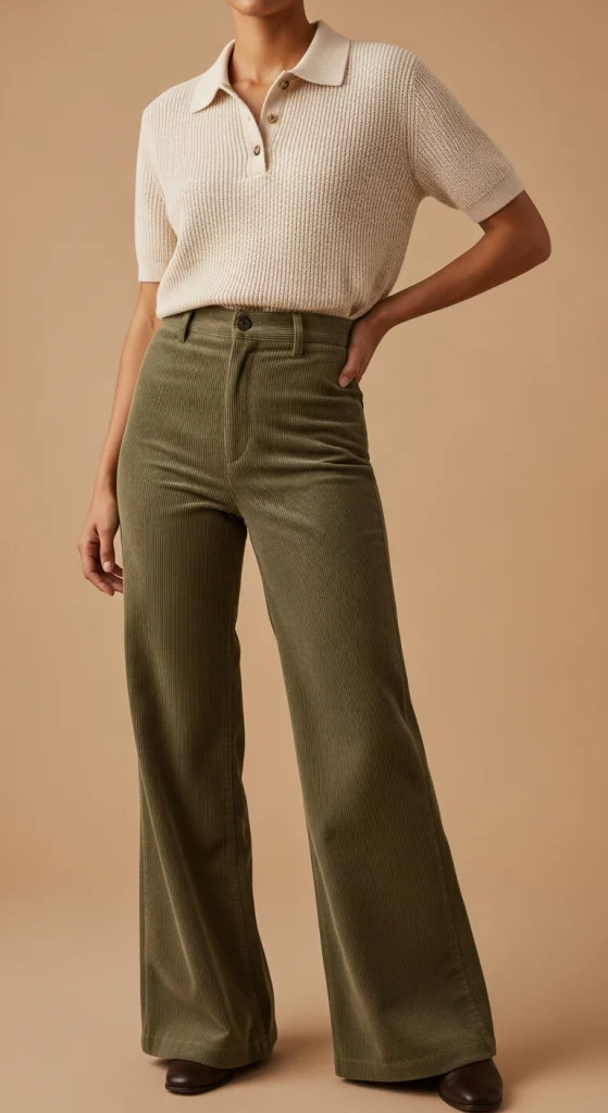 Corduroy Flare Pants With Knit Polo