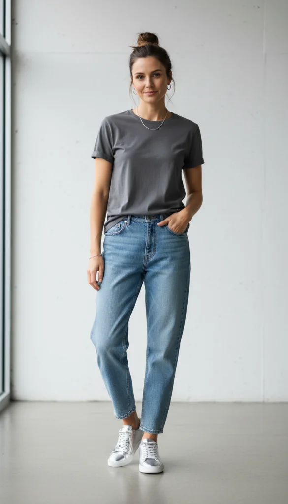 Everyday Minimal Outfit with Silver Sneakers