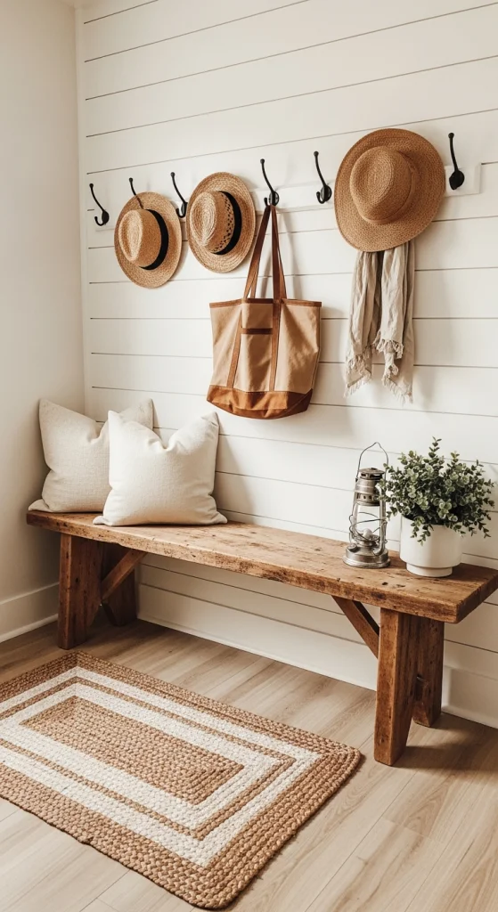 Farmhouse Bench With Wall Hooks