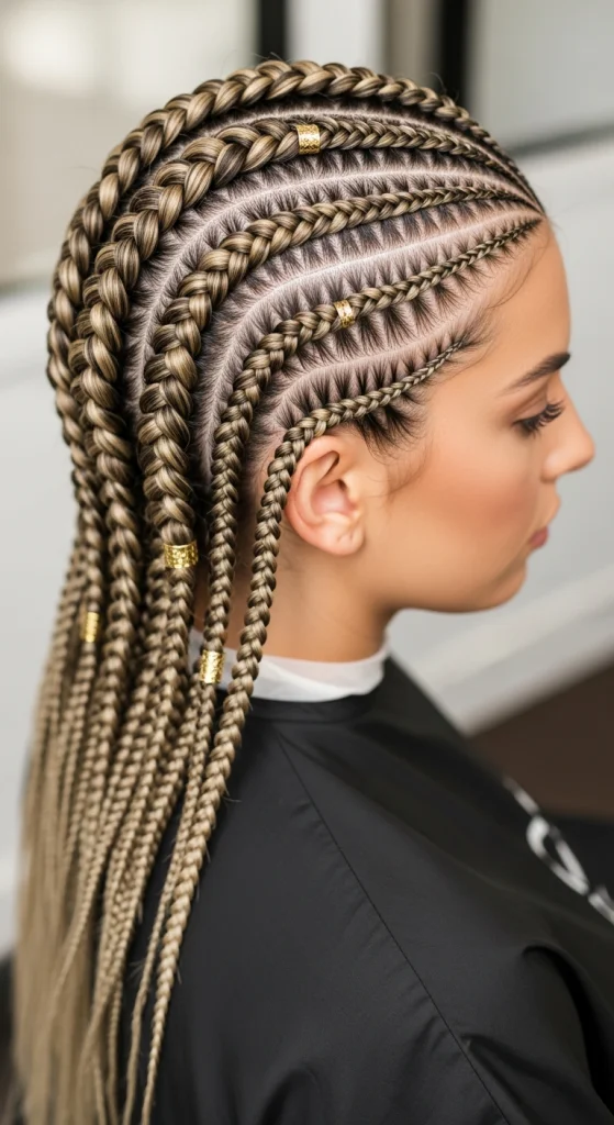 Feed-In Goddess Braids With Minimal Gold Cuffs