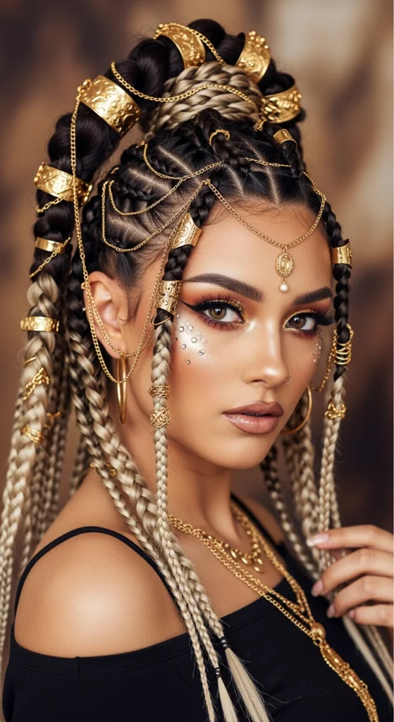 Festival-Inspired Goddess Braids With Gold Cuffs