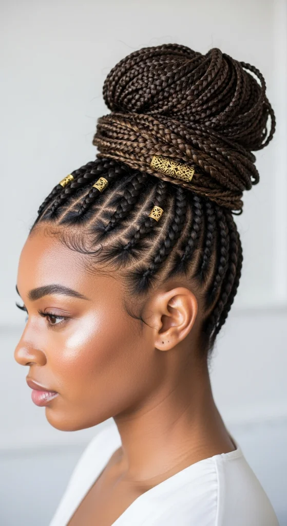 Goddess Braids In A High Bun With Gold Accents
