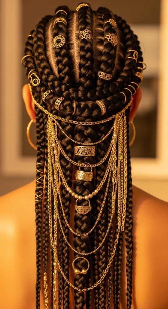 Goddess Braids With Gold Rings And Beads