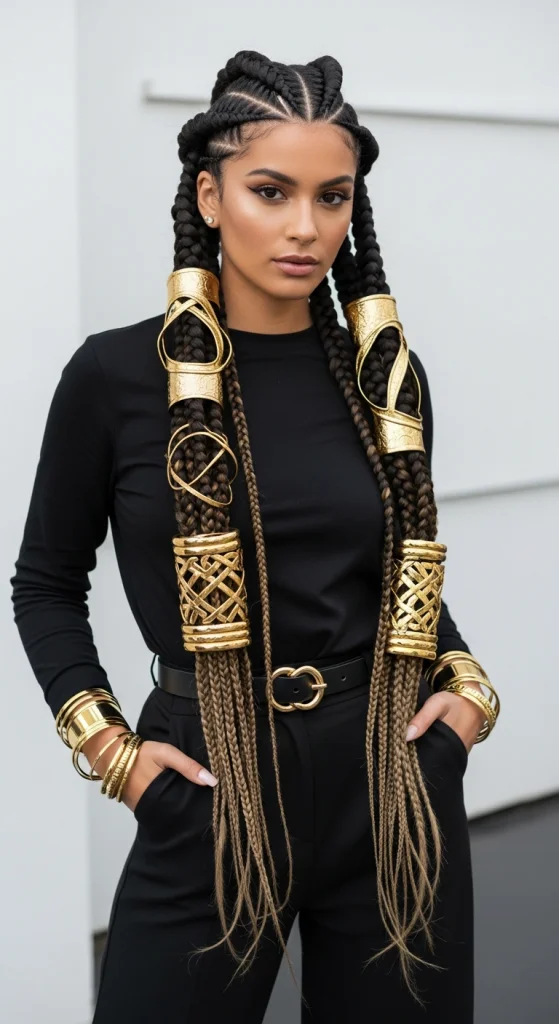 Goddess Braids With Thick Statement Gold Cuffs