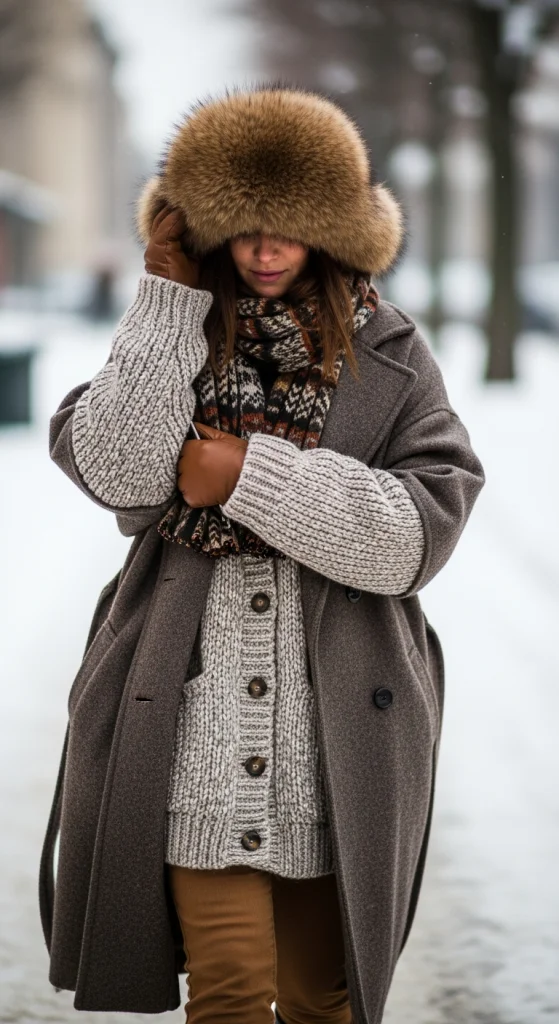 Layered Look With Fur Hat, Cardigan, And Coat