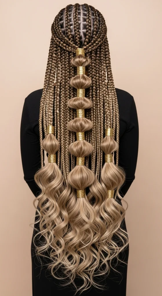 Long Goddess Braids With Gold Cuffs Throughout