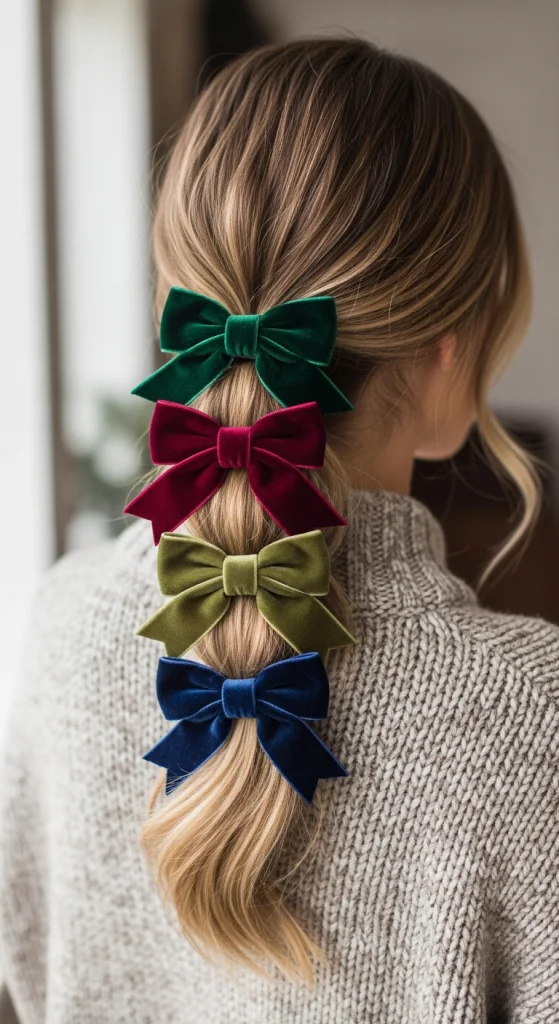 Low Ponytail With Vertical Velvet Bow Stack