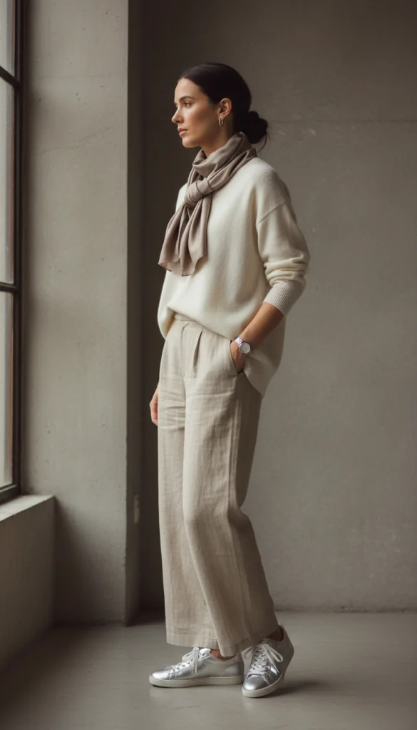 Neutral Tones Outfit with Silver Sneakers