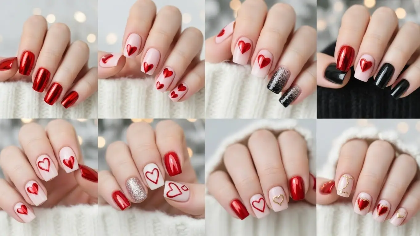 Red Chrome Heart Nails for Valentines Day