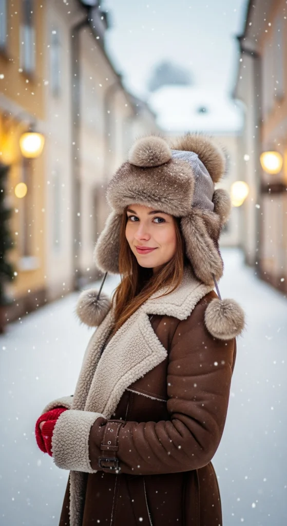 Shearling-Lined Trench With Pom-Pom Fur Hat