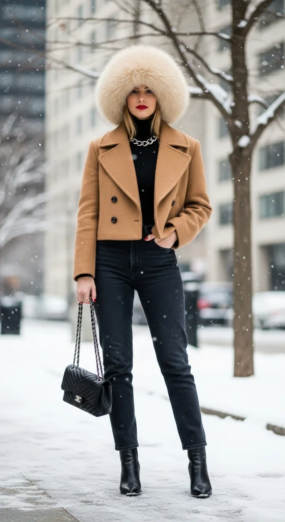 Short Coat With Oversized Fluffy Hat