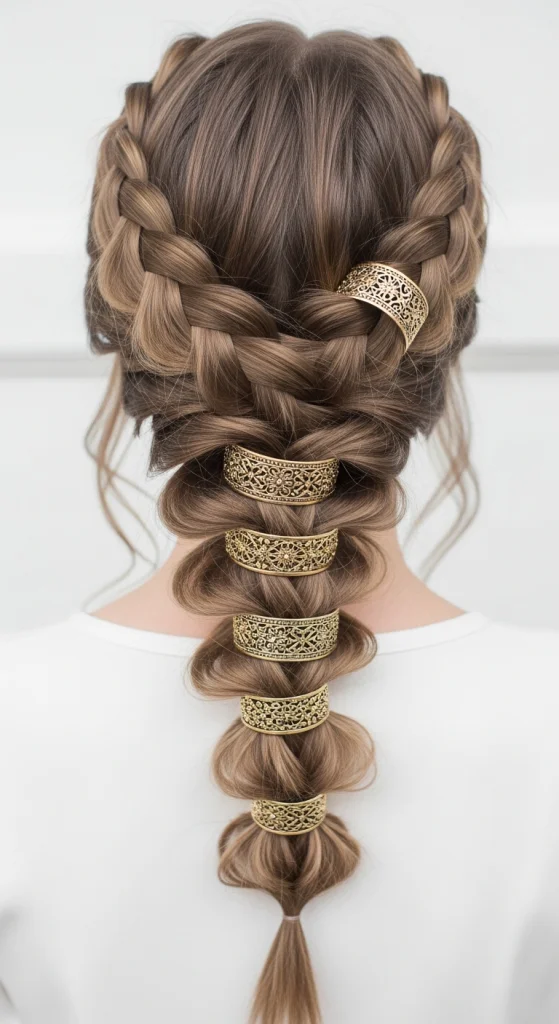 Side-Swept Goddess Braids With Gold Cuffs