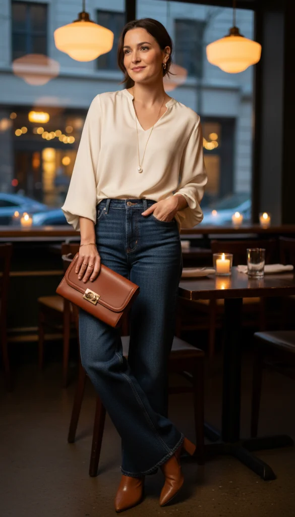 Silk Blouse with Wide Leg Jeans