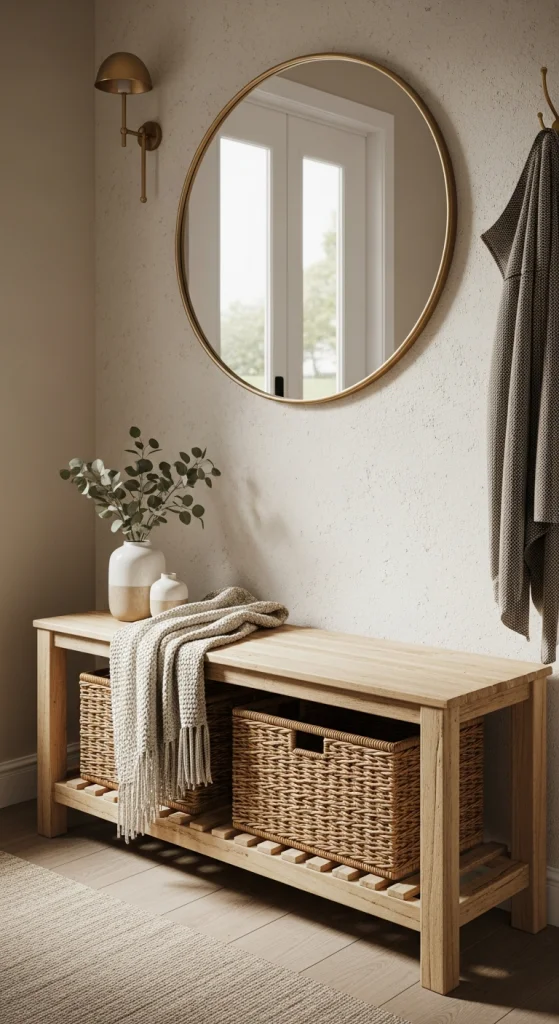 Slim Wooden Bench With Woven Baskets