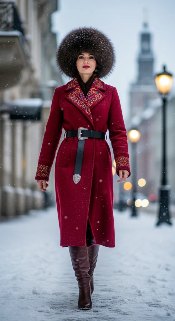 Statement Fur Hat With Belted Coat And Boots