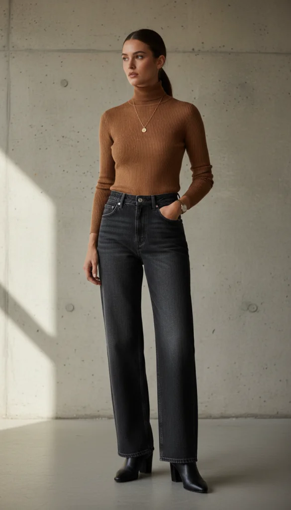 Turtleneck Top with Wide Leg Jeans