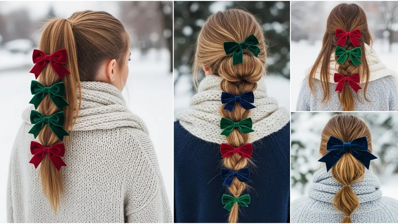 Velvet Bow Stacking Hairstyles for Winter