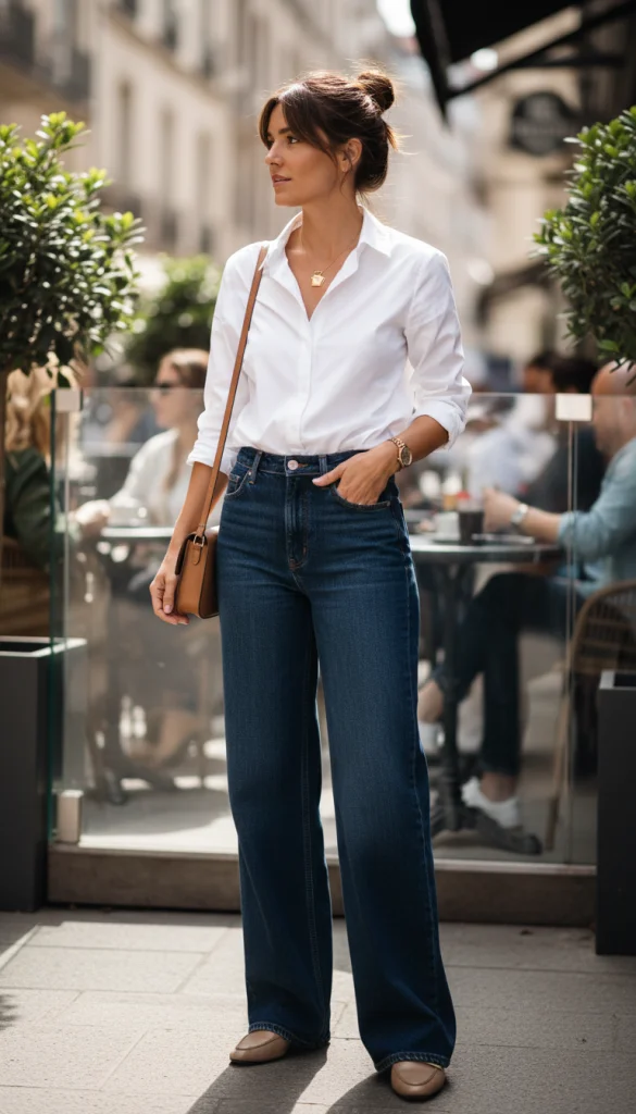White Button-Down Shirt and Dark Wash Wide Leg Jeans