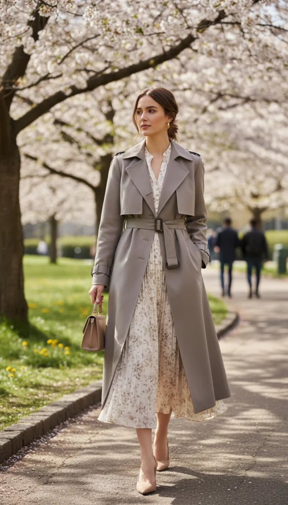 Belted Trench Coat over a Midi Dress