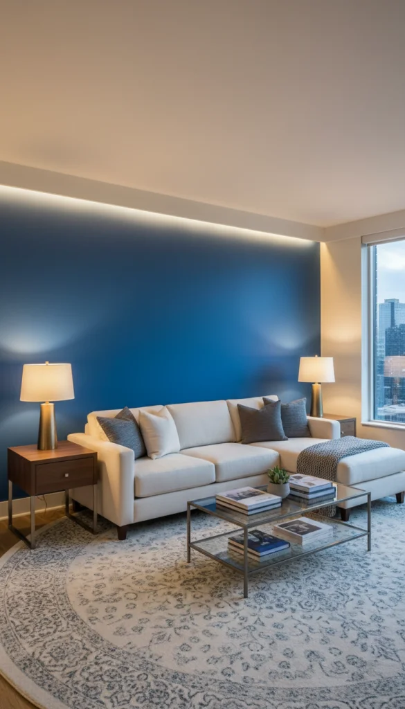 Blue Accent Wall With Floating Shelves