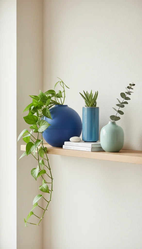 Blue Ceramic Vases with Greenery