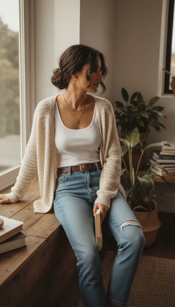 Cardigan, Tank, and Jeans