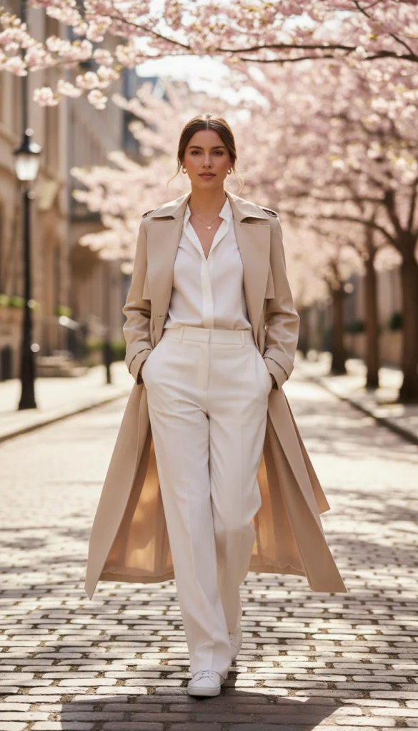 Classic Beige Trench with All-White Outfit