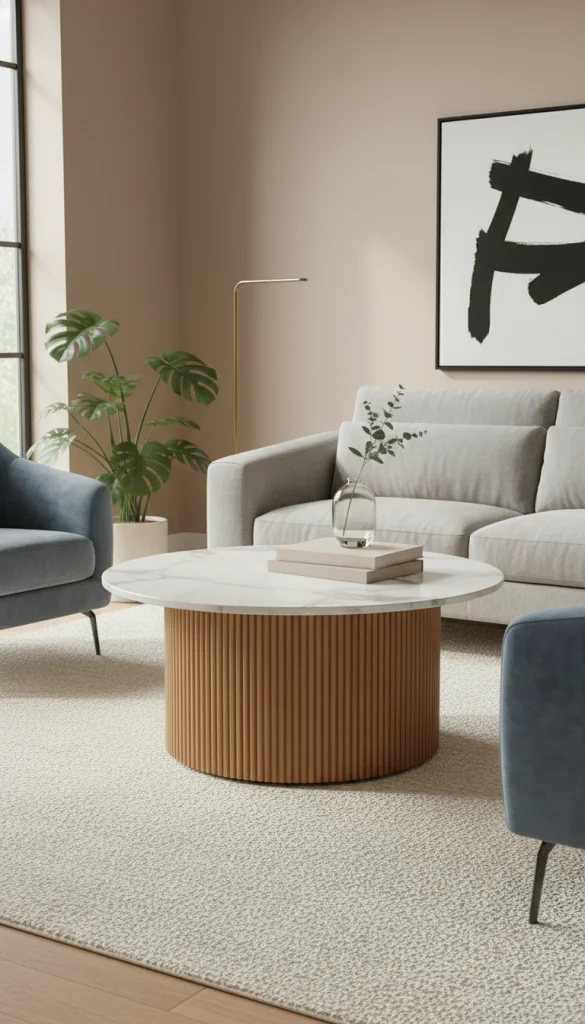 Fluted Coffee Table with Marble-Style Top