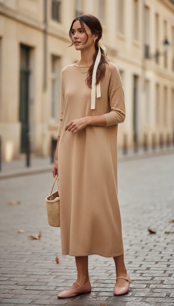 Knit Dress with Ballet Flats and Hair Ribbon