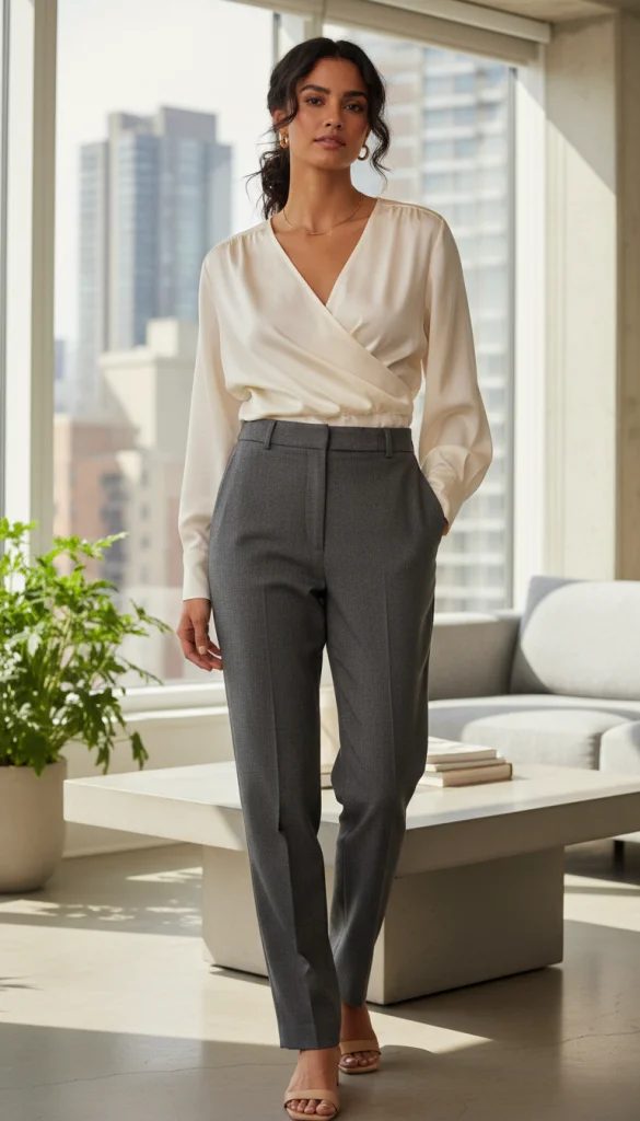 Satin Wrap Top and Tailored Trousers