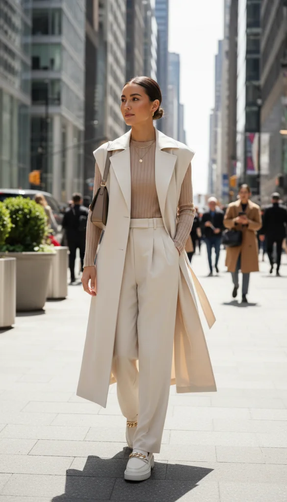 Sleeveless Trench over a Long-Sleeve Top