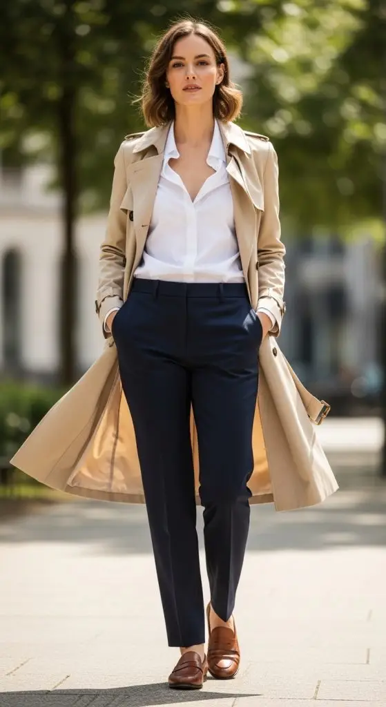 Trench Coat with Button-Down Shirt and Loafers